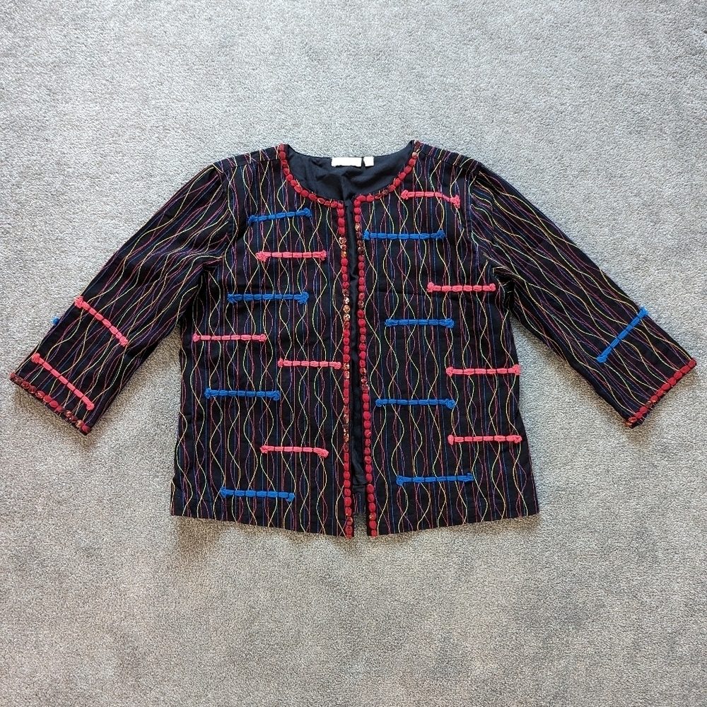 Choices Jacket Blazer Black Multicolor Abstract Design 3/4 Sleeve Cotton Large